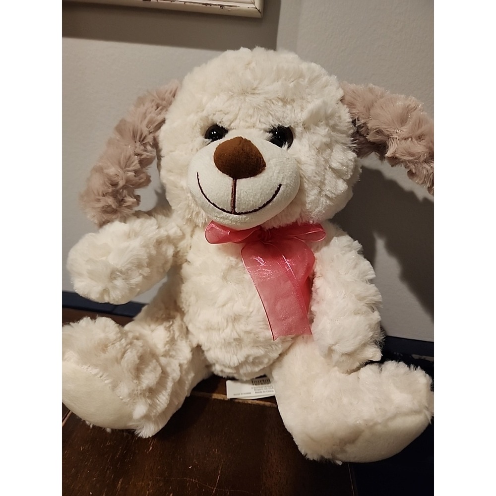 Burton + Burton Plush Dog Puppy Cream Tan Pink Bow‎ White 10" Super Soft EUC